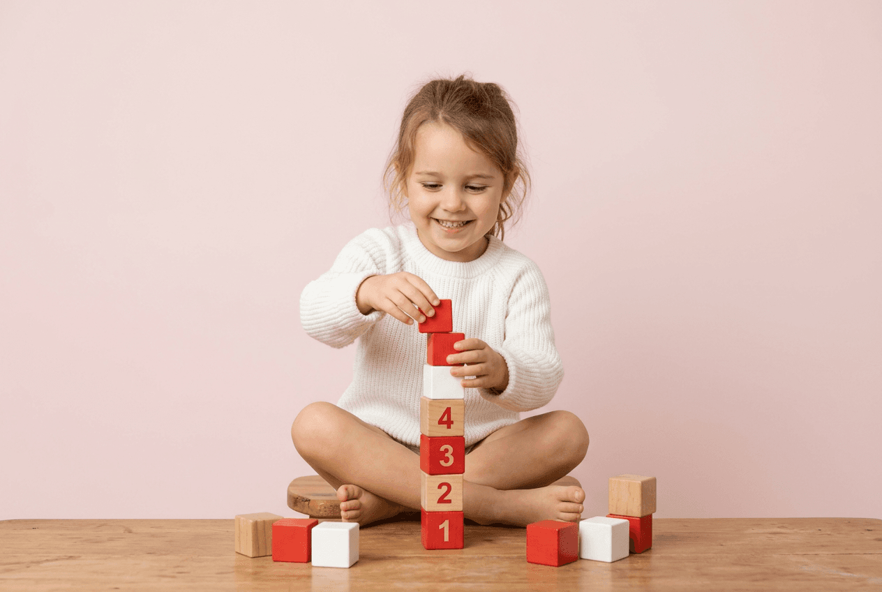 A cheerful child stacking wooden counting blocks